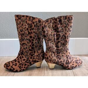 Brand New Joan Boyce Animal Print Mid-Calf Rhinestone Mirrored Heel Boots 7.5